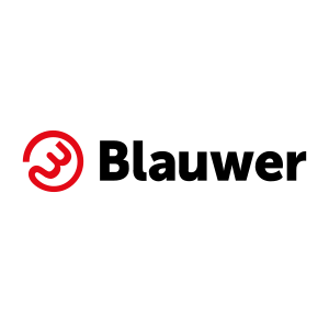 Logotyp med röd ikon och svart text "Blauwer"