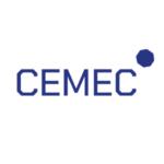 Logotyp med blå text "Cemec", liten ikon med blå oktagon.