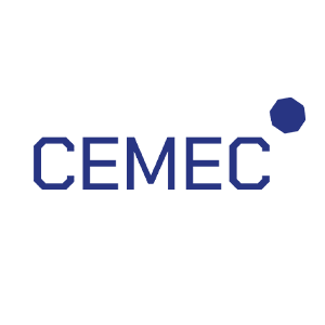 Logotyp med blå text "Cemec", liten ikon med blå oktagon.