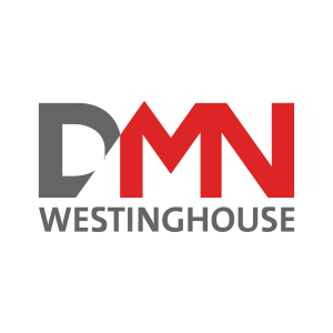 Logotyp med text "DMN" i grå och röd text. Mindre text under "WESTINGHOUSE".