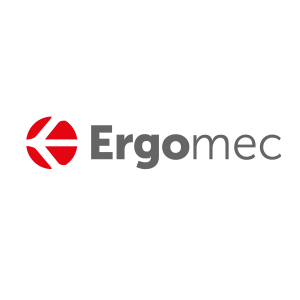 Logotyp med röd och vit ikon, grå text "Ergomec".