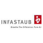 Logotyp med text "Infastaub", röd ikon och slogan med liten text "Breathe The Difference: Pure Air".
