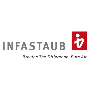 Logotyp med text "Infastaub", röd ikon och slogan med liten text "Breathe The Difference: Pure Air".