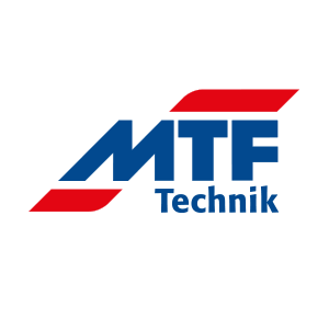 Logotyp med blå text "MTF", röd platta över och under texten. Mindre blå text under "Technik".