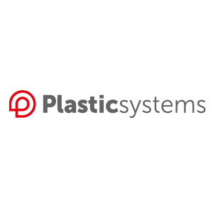 Logotyp med röd ikon och grå text "Plastic Systems"