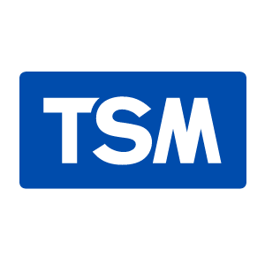 Logotyp med blå bakgrund och vit text "TSM".