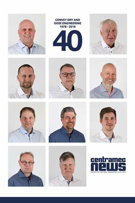 Centramec News Q2 2018 Omslagsbild Centramec News Q2 2018. 10 porträttbilder och texten "Convey dry and dose engineering 1978-2018 40", "Centramec News"