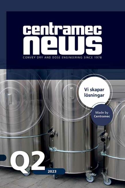 Omslagsbild Centramec News Q2 2023. Rostfria Cemec materialbehållare på hjul. Cirklar med texterna "Vi skapar lösningar" och "Made by Centramec".