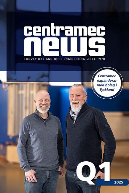 Centramec News Q1 2025_SE Omslagsbild Centramec News Q1 2025. Tobias Myrberg och Jens Hemming ler mot kameran. Cirkel med texten "Centramec expanderar med bolag i Tyskland".