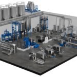 3D drawing of an illustrated factory with silo, material container, conveyor belt, octabin tipper, granulation mill, batch mixer, control cabinet, buffer stations, dry air dryers, pipes and hoses.