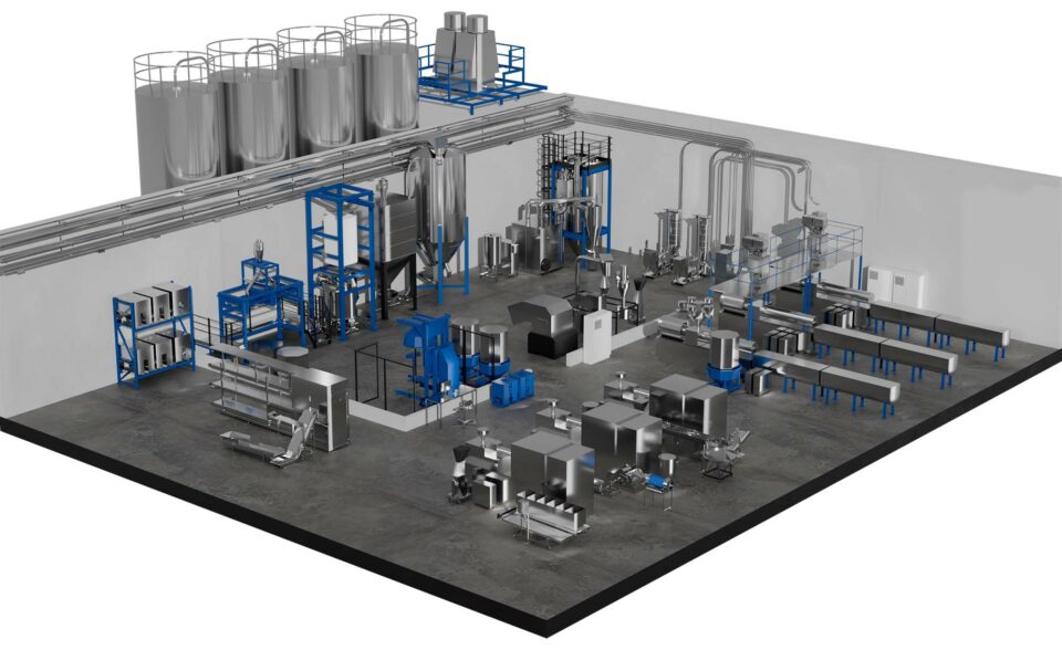 3D-Zeichnung eines Fabriklayouts mit Silo, Materialbehälter, Förderband, Oktabin-Wendestation, Schneidmühle, Chargenmischer, Steuerschrank, Pufferstationen, Trockenlufttrockner, Rohrleitungen und Schläuchen.