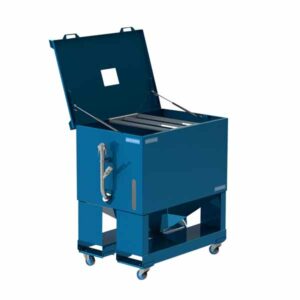 Product photo Cemec blue material container with open lid and grille for small bag.
